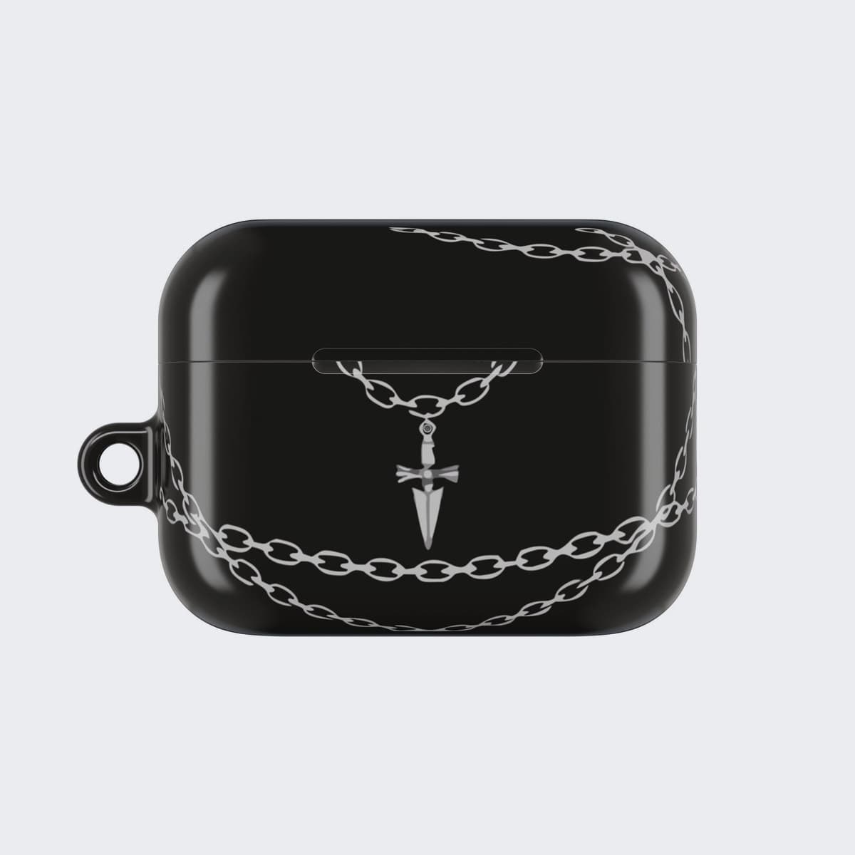 The Vengeance Chain Case for AirPods Pro 2, seen from the front, the dagger charm hanging from a chain