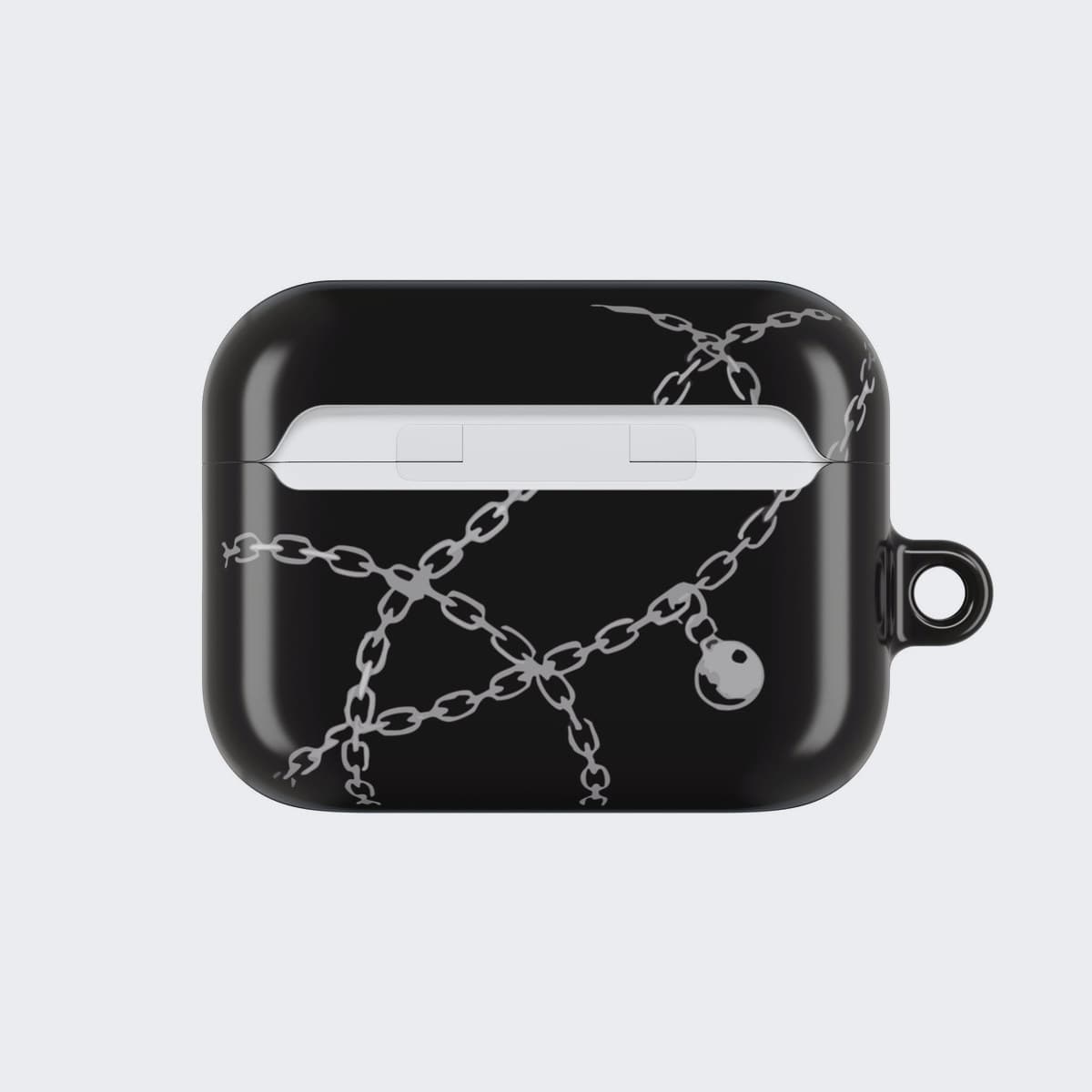 The Vengeance Chain Case for AirPods Pro 2, seen from the back, chains crossing around a small skull charm