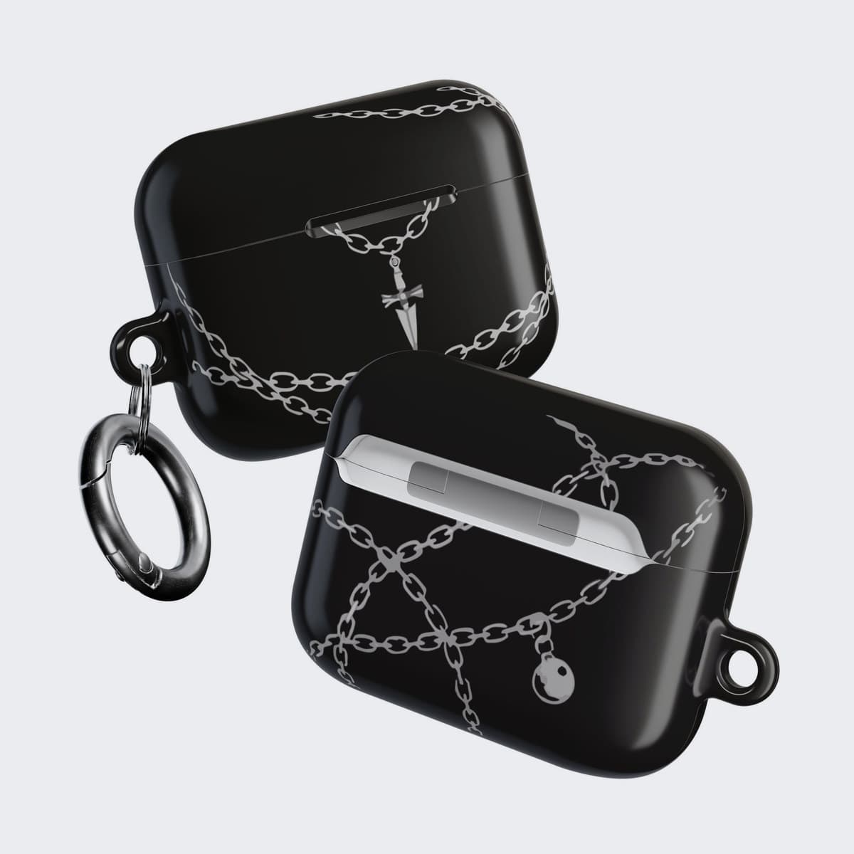 The Vengeance Chain Case for AirPods Pro 2, front and back together, with the carabiner
