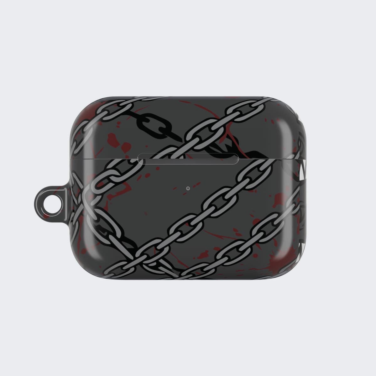 The Cursed Gaze Case for AirPods Pro 2, seen from the front, the dagger charm hanging from a chain