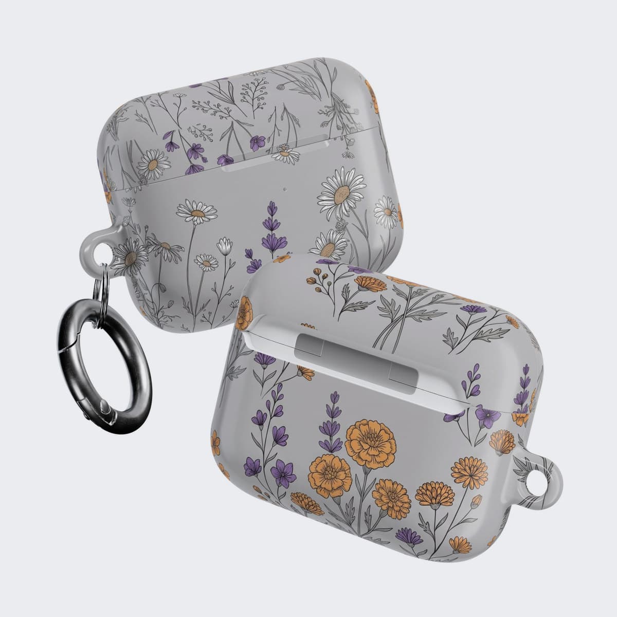 The Deceptive Blossom Case for AirPods Pro 2, front and back together, with the carabiner