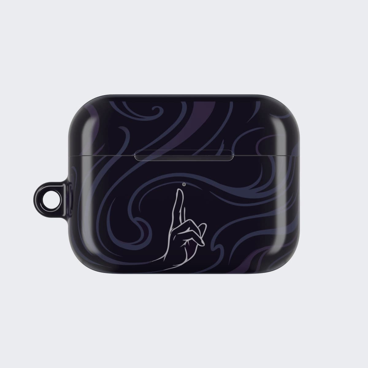 The Limitless Void Case for AirPods Pro 2, seen from the front, the dagger charm hanging from a chain