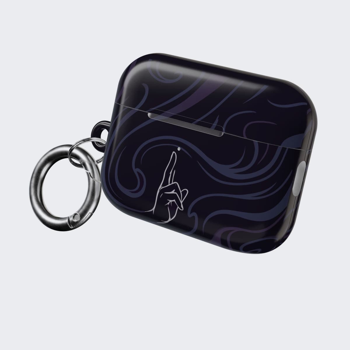 The Limitless Void Case for AirPods Pro 2, angled, with the stainless carabiner attached