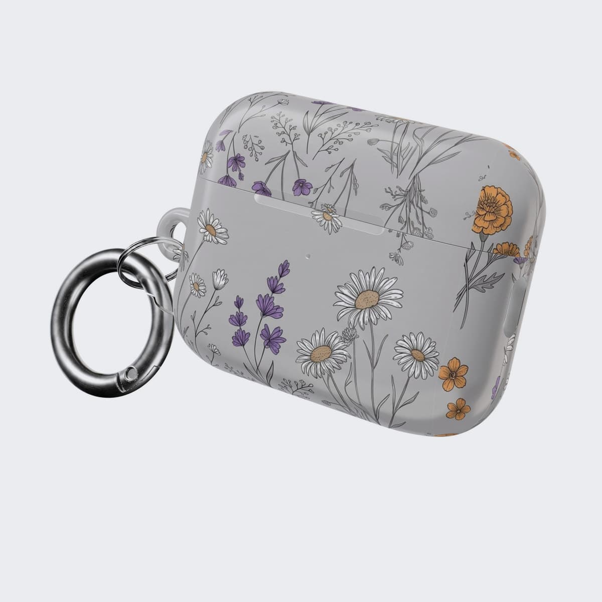 The Deceptive Blossom Case for AirPods Pro 2, angled, with the stainless carabiner attached