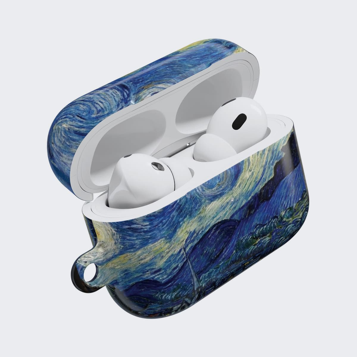 Starry Night AirPod Case for AirPods Pro 2, open, with the AirPods seated inside