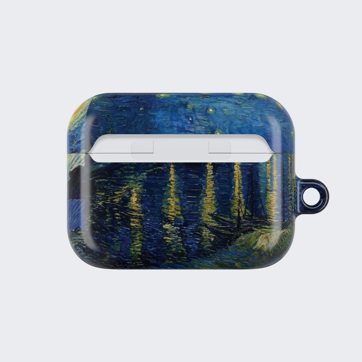 Starry Night AirPod Case for AirPods Pro 2, seen from the back, chains crossing around a small skull charm