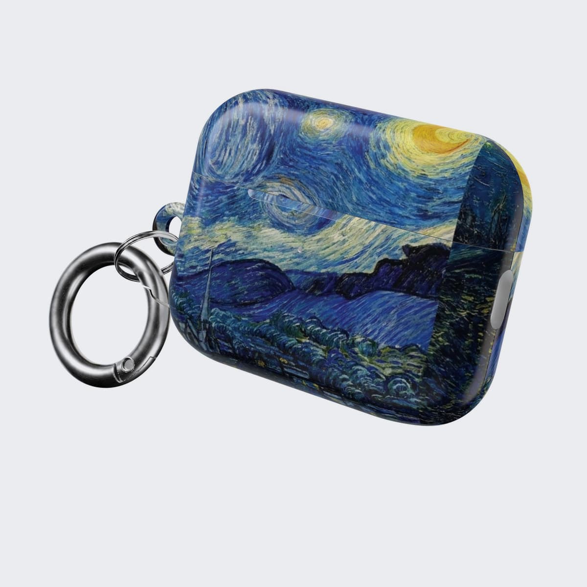 Starry Night AirPod Case for AirPods Pro 2, angled, with the stainless carabiner attached