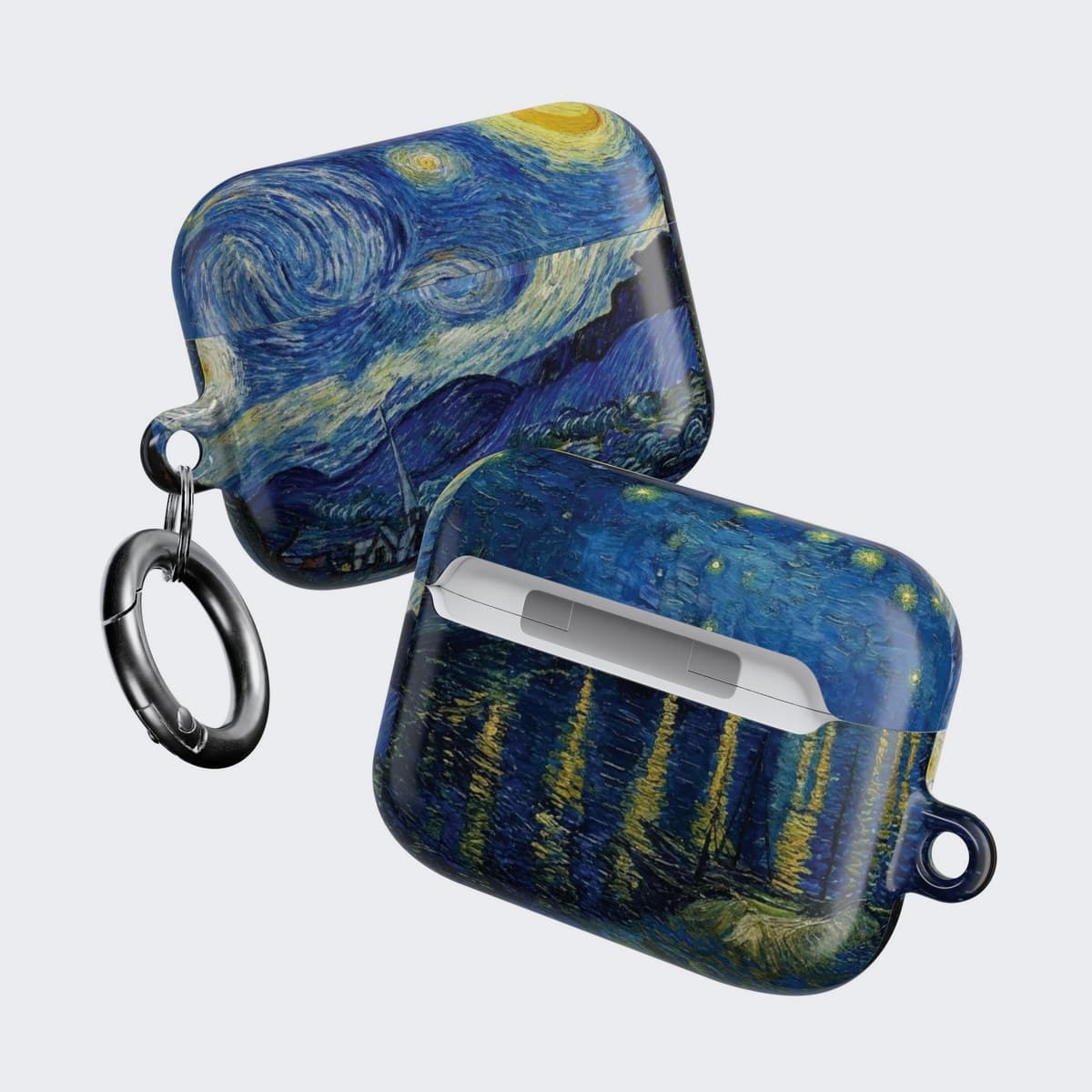 Starry Night AirPod Case for AirPods Pro 2, front and back together, with the carabiner
