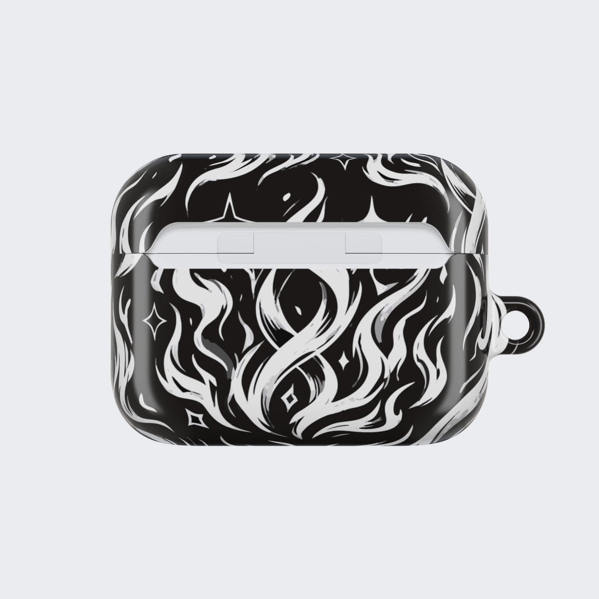 The White Ash Case for AirPods Pro 2, seen from the back, chains crossing around a small skull charm