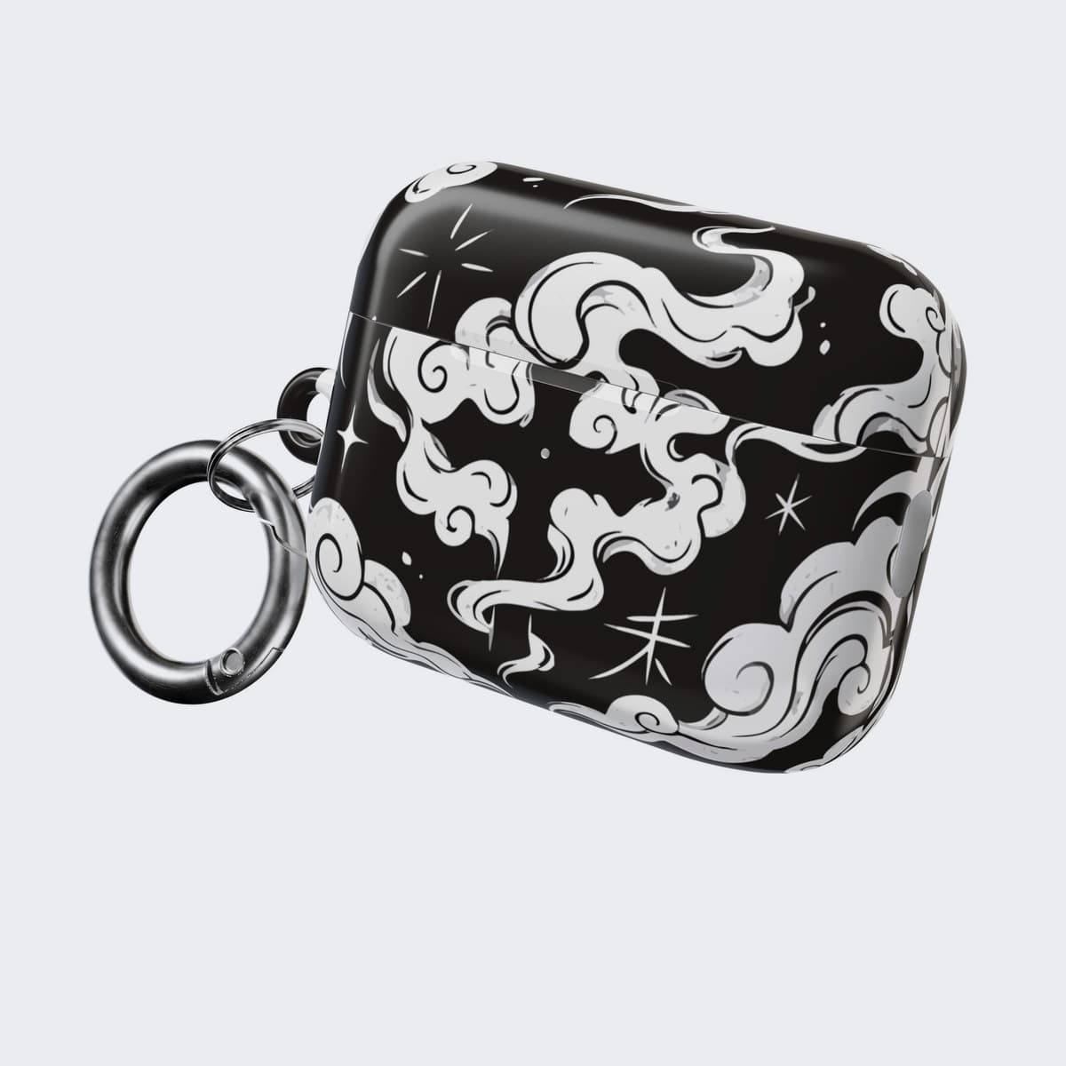 The White Ash Case for AirPods Pro 2, angled, with the stainless carabiner attached